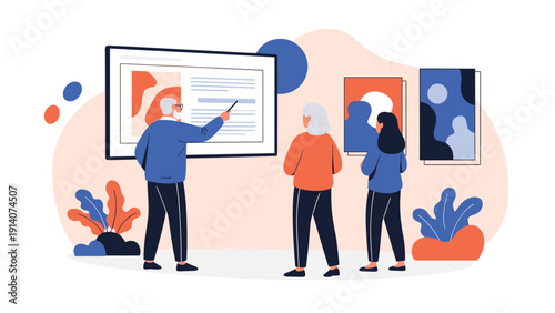 Expert guide explaining artwork and information on a digital screen to visitors at a modern museum or art gallery.