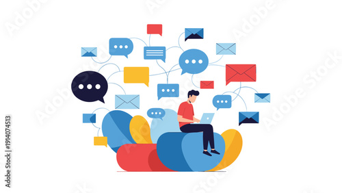 Modern freelancer working on a laptop while surrounded by numerous social media message and notification icons.