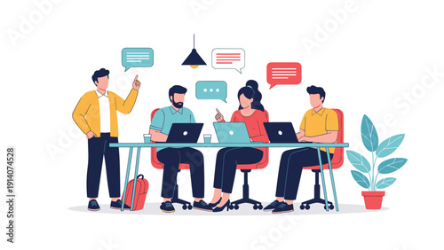 Creative business team conducting a brainstorming session with laptops and speech bubbles in a collaborative office.