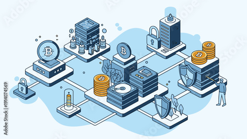 Complex isometric illustration of a cryptocurrency mining facility with secure server racks and bitcoin digital currency.