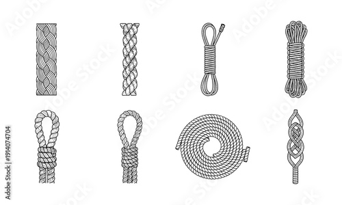 Various types of rope and knots vector illustration on transparent background