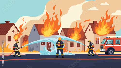 Brave firefighting team using powerful water hoses to extinguish a large neighborhood fire involving several houses.