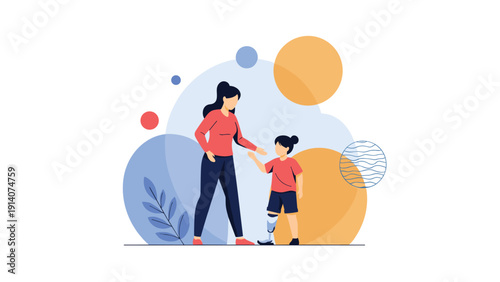 Supportive mother encouraging her brave young daughter with a prosthetic leg during an outdoor play activity.
