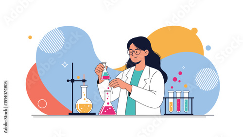 Dedicated scientist in a laboratory coat and safety glasses conducting a chemical experiment with colorful liquids.