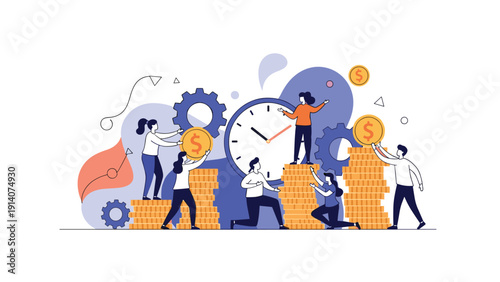 Hardworking team managing time and money by organizing large gears and golden coin stacks around a giant clock.