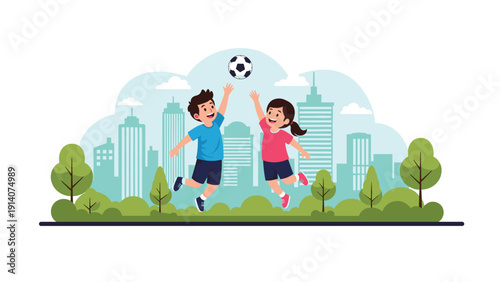 Happy children jumping to catch soccer ball in city park with skyscrapers and green trees under bright sky background illustration.