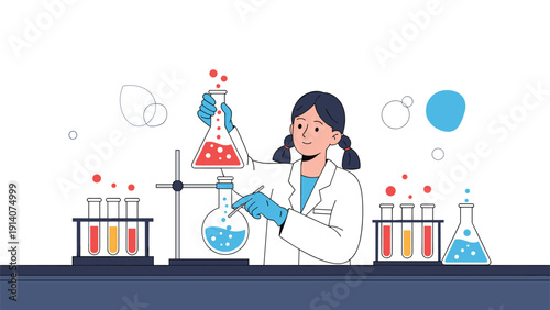 Professional female scientist conducting chemical experiments with colorful liquids in glass flasks and test tubes at laboratory bench.