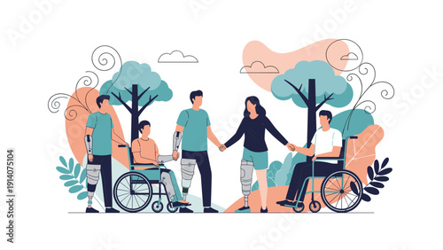 Diverse group of people with physical disabilities including prosthetic limbs and wheelchairs socializing together in outdoor park.