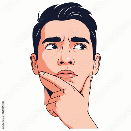 A contemplative young man with hand on chin, lost in thought, depicted in a simple illustration style