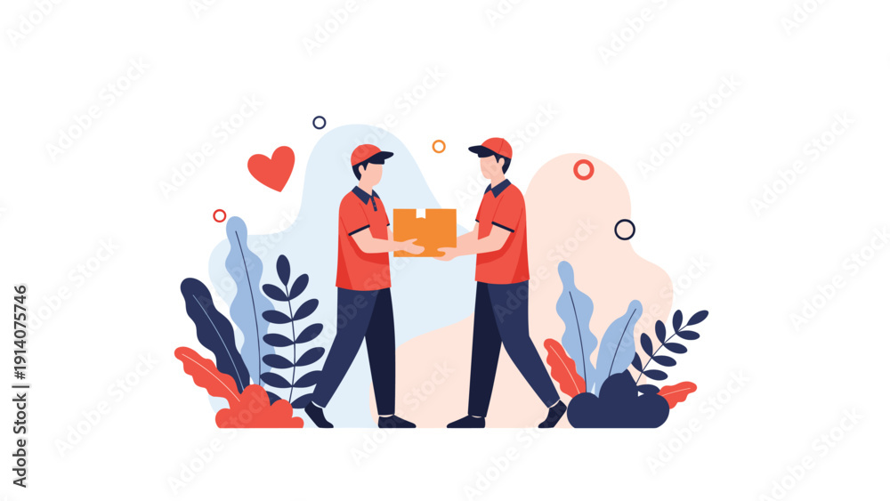 Fototapeta premium Two delivery couriers in red uniforms handling cardboard package with heart and leaf decorative elements for service concept.