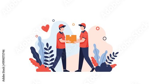 Two delivery couriers in red uniforms handling cardboard package with heart and leaf decorative elements for service concept.