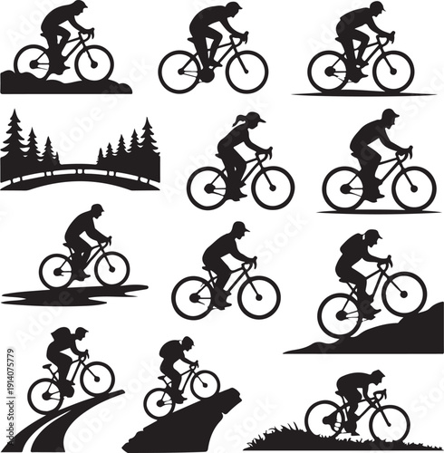 Silhouette of people riding bicycles in various poses and landscapes