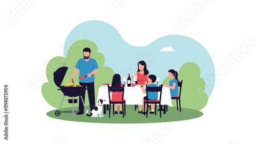 Happy family enjoys an outdoor barbecue lunch in a green backyard while a man grills food and a dog waits patiently by the table.