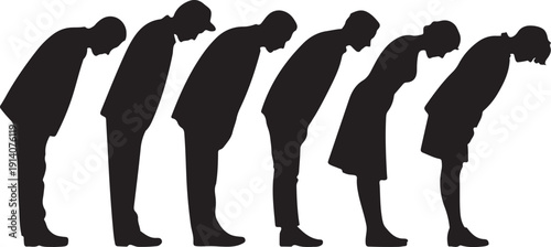 Five silhouettes of people bowing in a row black