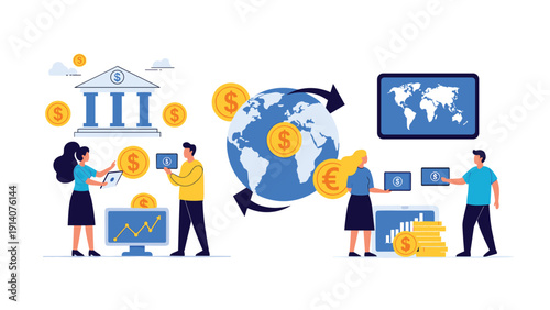 Global finance and digital banking concept depicts people making international transactions with world maps and currency icons.