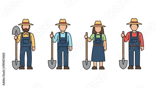 group of diverse cartoon farm workers in hats and overalls holding shovels symbolizing agricultural labor and garden work concepts