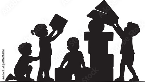 Four children building with large blocks silhouette
