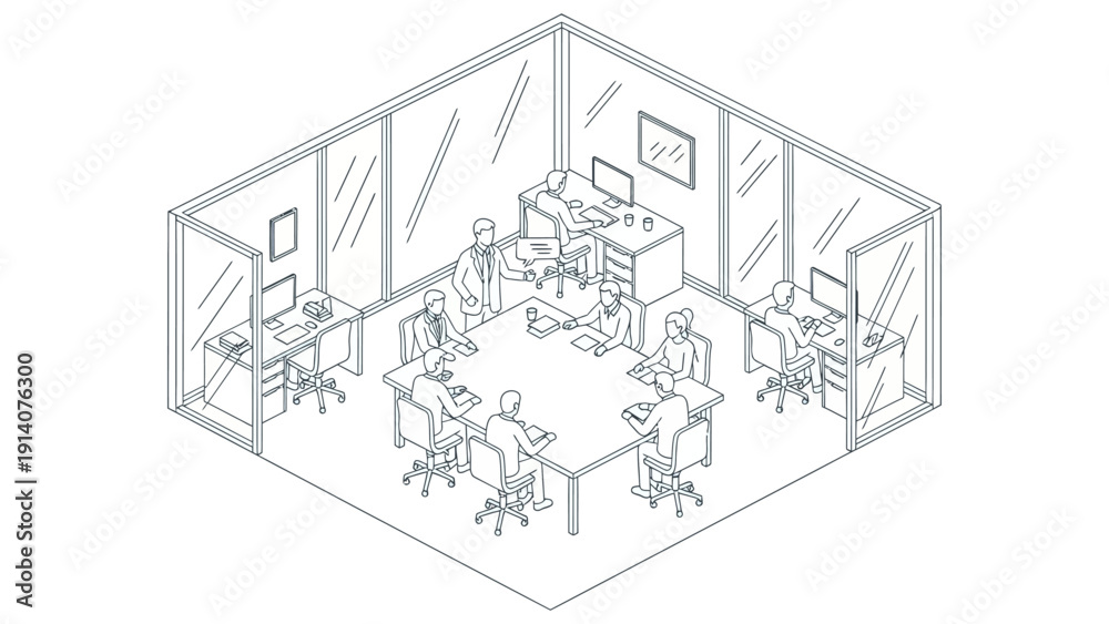 Fototapeta premium isometric office line art business people working and meeting depicting modern corporate teamwork collaboration productivity.