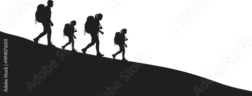 Black silhouette of active family with backpacks hiking down mountain hill isolated on white background for travel adventure and outdoor summer tourism concept