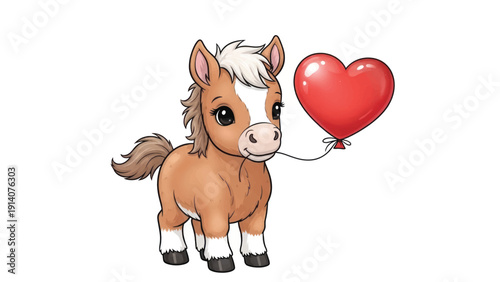 Cute cartoon pony with a red heart balloon and a cheerful expression.