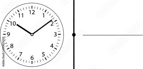 A minimalist black and white line art illustration of an analog clock face displaying the time 9:10, accompanied by a simple coordinate system diagram.