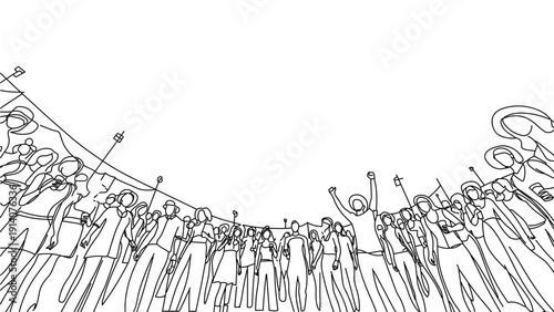 line art drawing of a crowd of people raising arms and cheering from below symbolizing unity protest celebration.