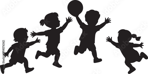 Four children playing with a ball silhouette running