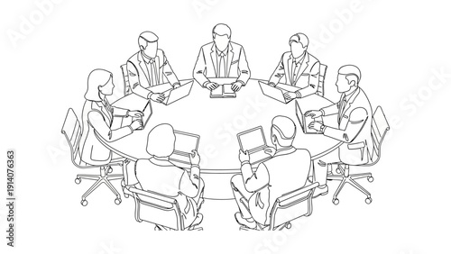 line art illustration diverse business professionals collaborating at a round table meeting discussing strategy and corporate teamwork.
