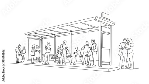 line art illustration of people waiting at a busy urban bus stop some looking at phones depicting daily commute and city life.