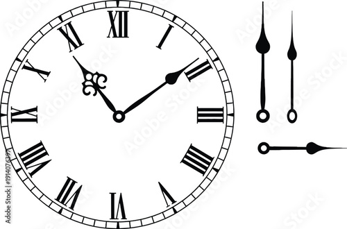 A detailed black and white illustration of a vintage clock face featuring classic Roman numerals and separate decorative hands for design purposes.