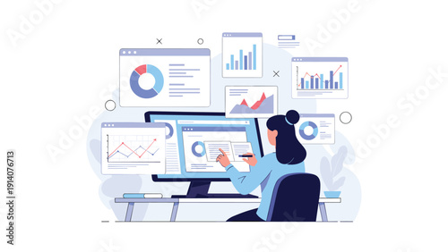 Professional data analyst interacting with multiple digital dashboards and complex statistical charts on a computer monitor.