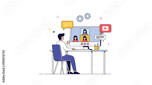 Male employee participating in a remote video conference meeting with several female colleagues from his home office desk.