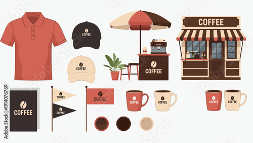 Comprehensive collection of coffee shop brand identity elements including storefront, mobile cart, apparel, and merchandise.