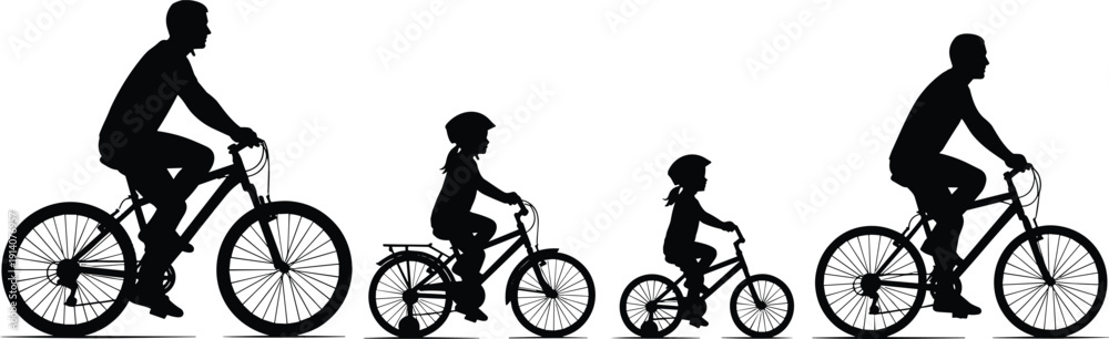 Fototapeta premium Black silhouette set of family riding bicycles together isolated on white background for healthy lifestyle cycling adventure and outdoor summer sports fitness concept