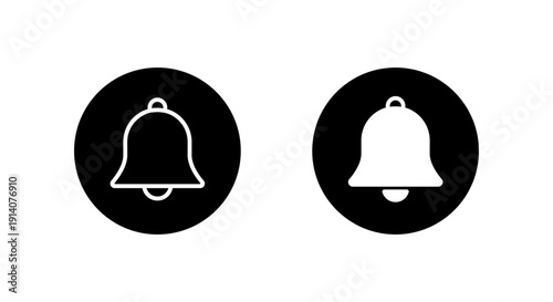 Simple bell outline icon in black circle. Notification alert symbol. Basic alarm sign