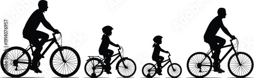 Black silhouette set of family riding bicycles together isolated on white background for healthy lifestyle cycling adventure and outdoor summer sports fitness concept