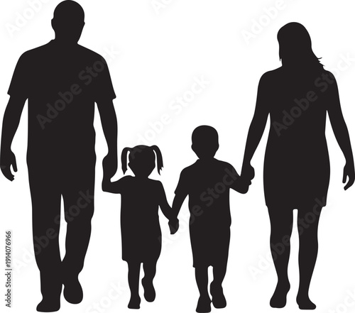 Silhouette of a family of four holding hands four people