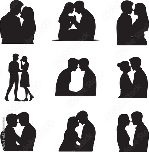 Silhouettes of couples in various romantic poses together