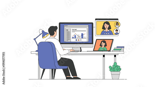 Remote professional attending a virtual meeting with a diverse group of colleagues using multiple computer screens at a desk.