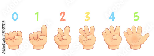 Cute cartoon child hands showing numbers from zero to five with colorful digits