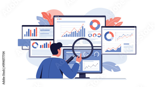 Expert analyst using a magnifying glass to conduct a detailed review of business performance metrics and financial charts.