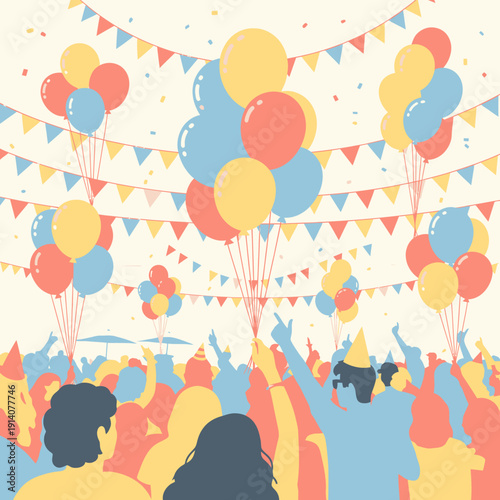 A vibrant illustration of a festive outdoor party with a large crowd of people, colorful balloons, and decorative banners.