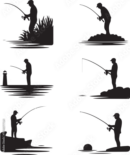 Silhouettes of men fishing in various outdoor settings and positions daily