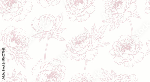 Seamless Pink Peony Floral Line Art Pattern on White Background