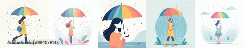 Vector Illustration of a Woman Holding an Umbrella in the Rain