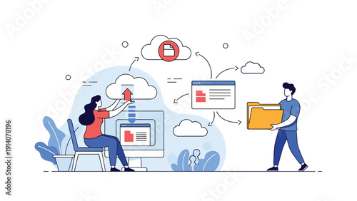 Professional team managing cloud data synchronization and digital file transfers between a computer and online servers.