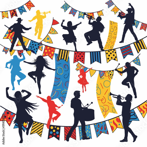 Silhouettes of people dancing and playing music with colorful festive banners and flags, celebrating a carnival or party.