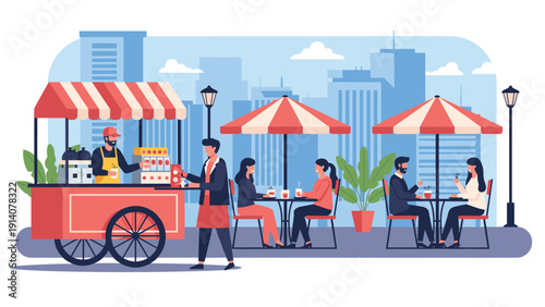 Diverse group of people enjoying outdoor dining at a urban street cafe with a red and white food cart and city skyline.