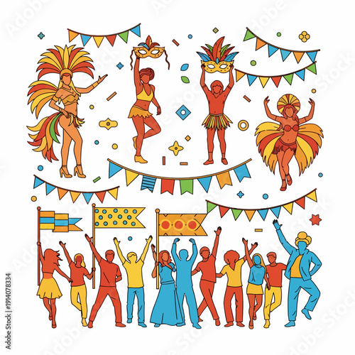 Colorful line art illustration of a vibrant carnival celebration with people in costumes, dancers, and a cheering crowd under festive pennants and confetti.