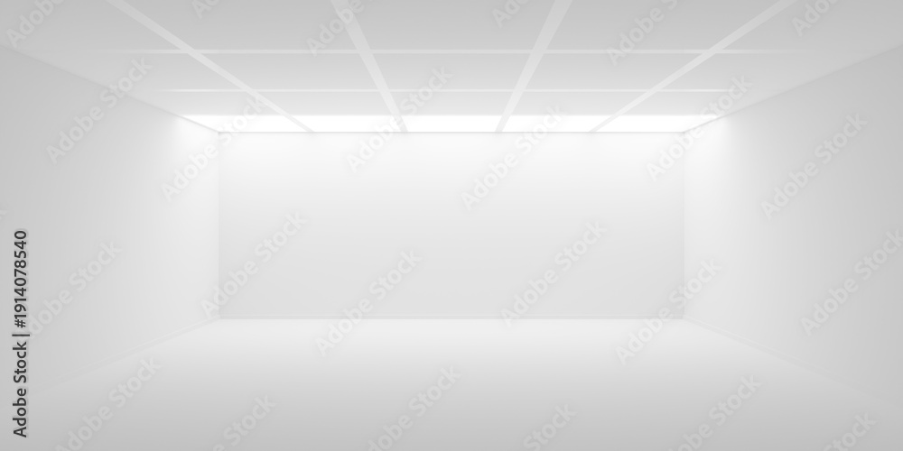 Fototapeta premium Empty blank white room or gallery background with tiled ceiling and lit row in the back, modern interior template